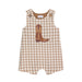 Brown checkered romper with cowboy boot design on a white background