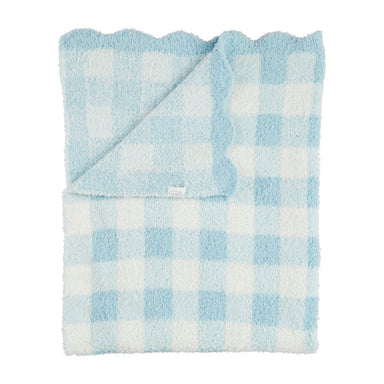 Blue and white checkered blanket with scalloped edge on a white background