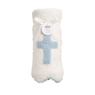 White baby blanket with blue cross design on a white background
