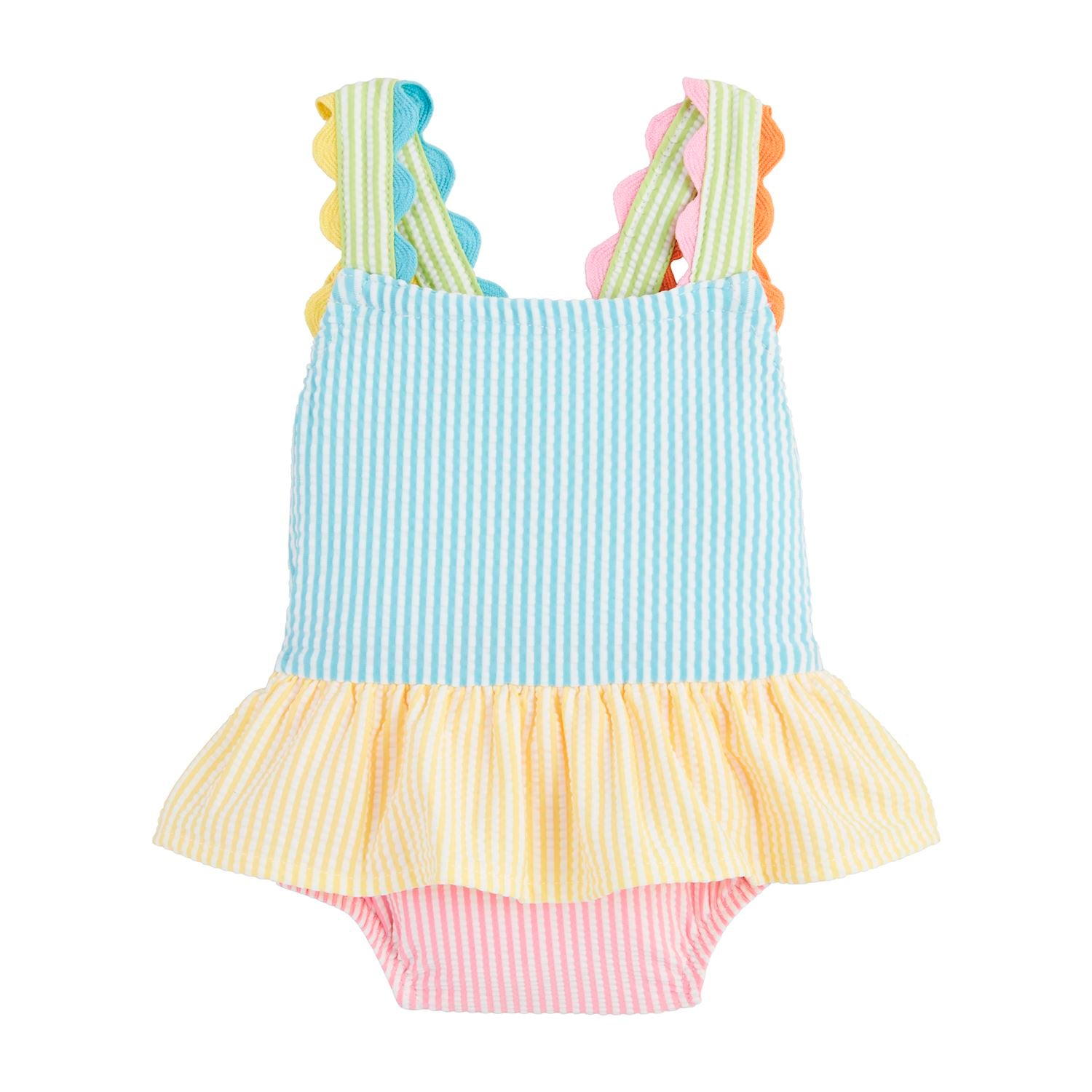 Pastel-Colored Striped Seersucker Swimsuit with ruffle