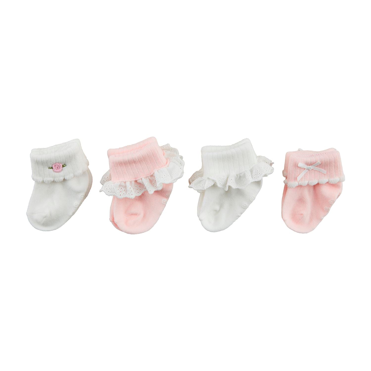 Set of four baby socks with ruffles on a white background