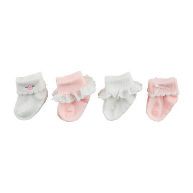 Set of four baby socks with ruffles on a white background