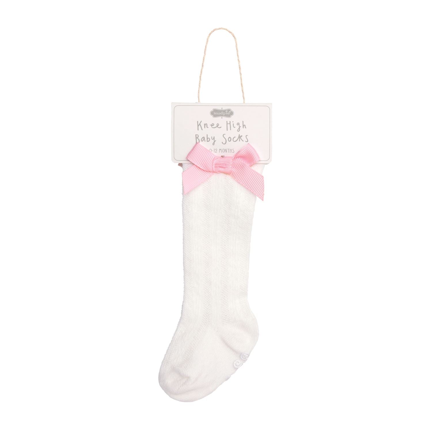 White knee-high baby socks with a pink bow on a white background