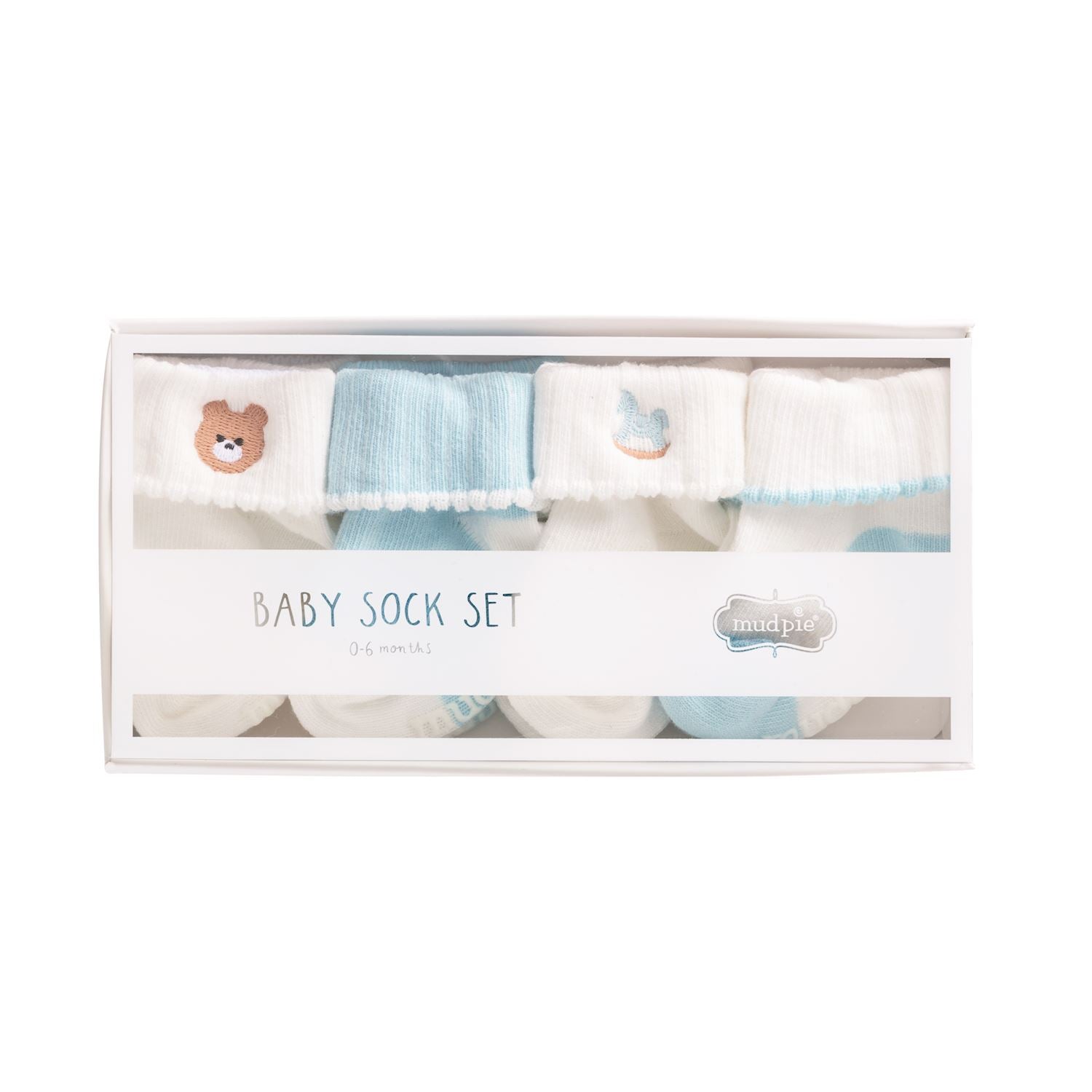 Baby sock set packaging with socks displayed on a white background