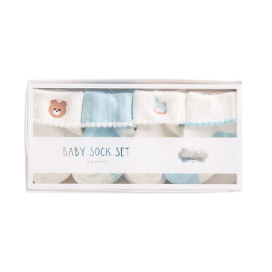 Baby sock set packaging with socks displayed on a white background