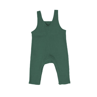 back of dark green waffle snap overalls