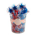 Red, white, and blue tinsel party straws in a clear container with a label on a white background.