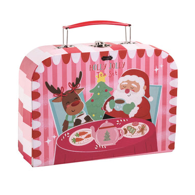 Holly Jolly tea set packaging with Santa and reindeer design on a pink striped background