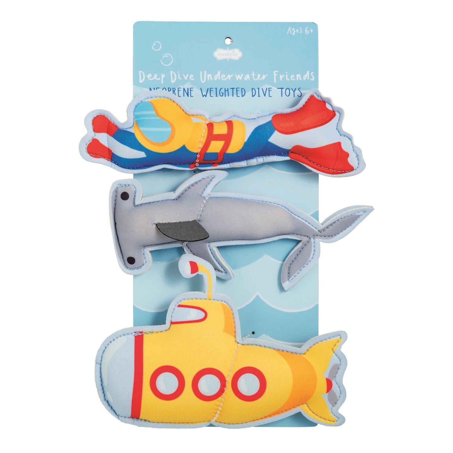 Set of underwater-themed toys including a shark, submarine, and balloon on a blue packaging background.