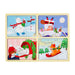 Four individual Christmas wooden puzzles with large wooden frame. 