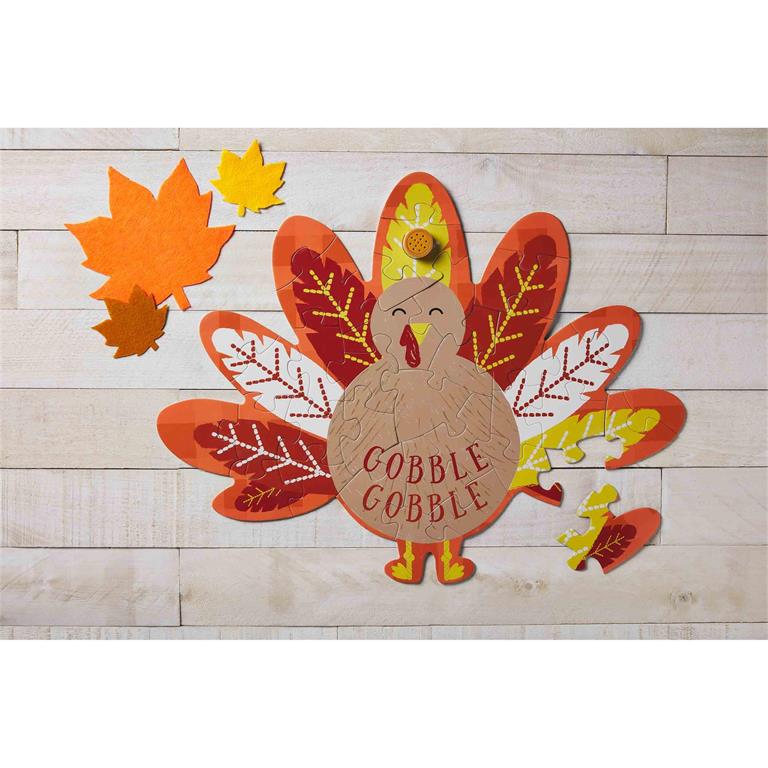Jumbo floor puzzle with musical button plays Turkey Gobble song.