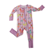 Children's romper with butterfly pattern on a purple and pink striped background