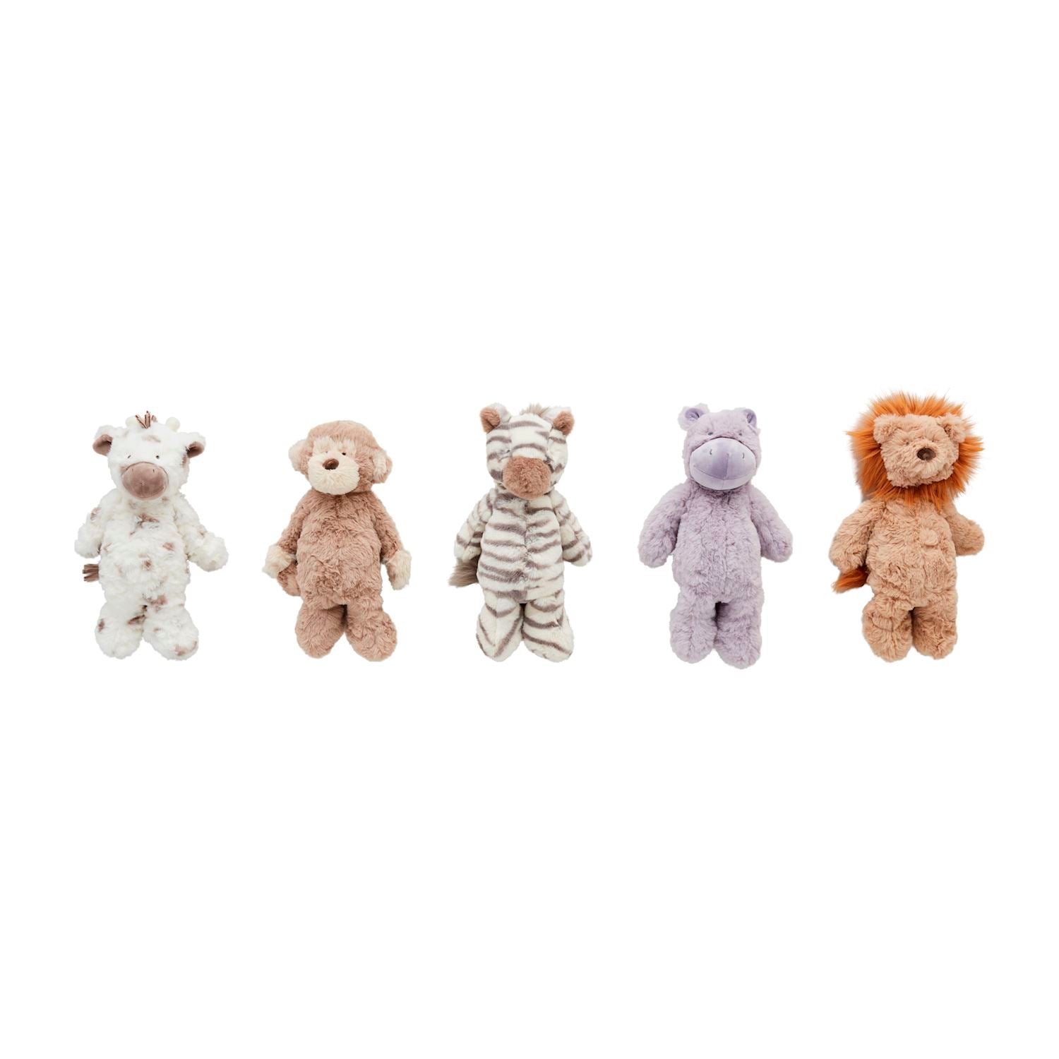 Five plush toys in different animal designs on a white background