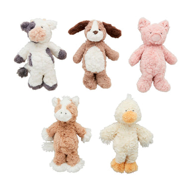 Five plush toys including a sheep, dog, bear, horse, and duck on a white background