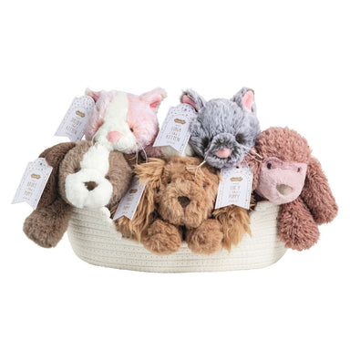 Collection of plush toys in a basket with tags on a white background
