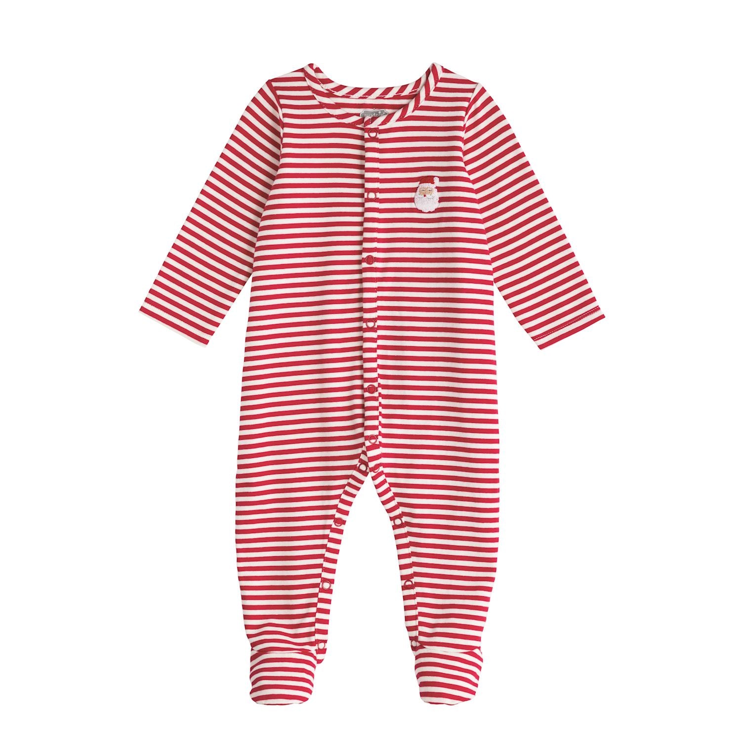 Red and white striped zipper footie with a french knot Santa
