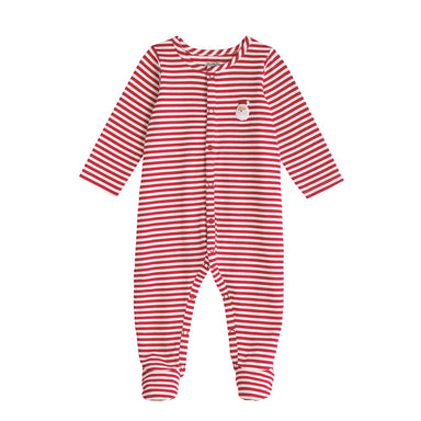 Red and white striped zipper footie with a french knot Santa