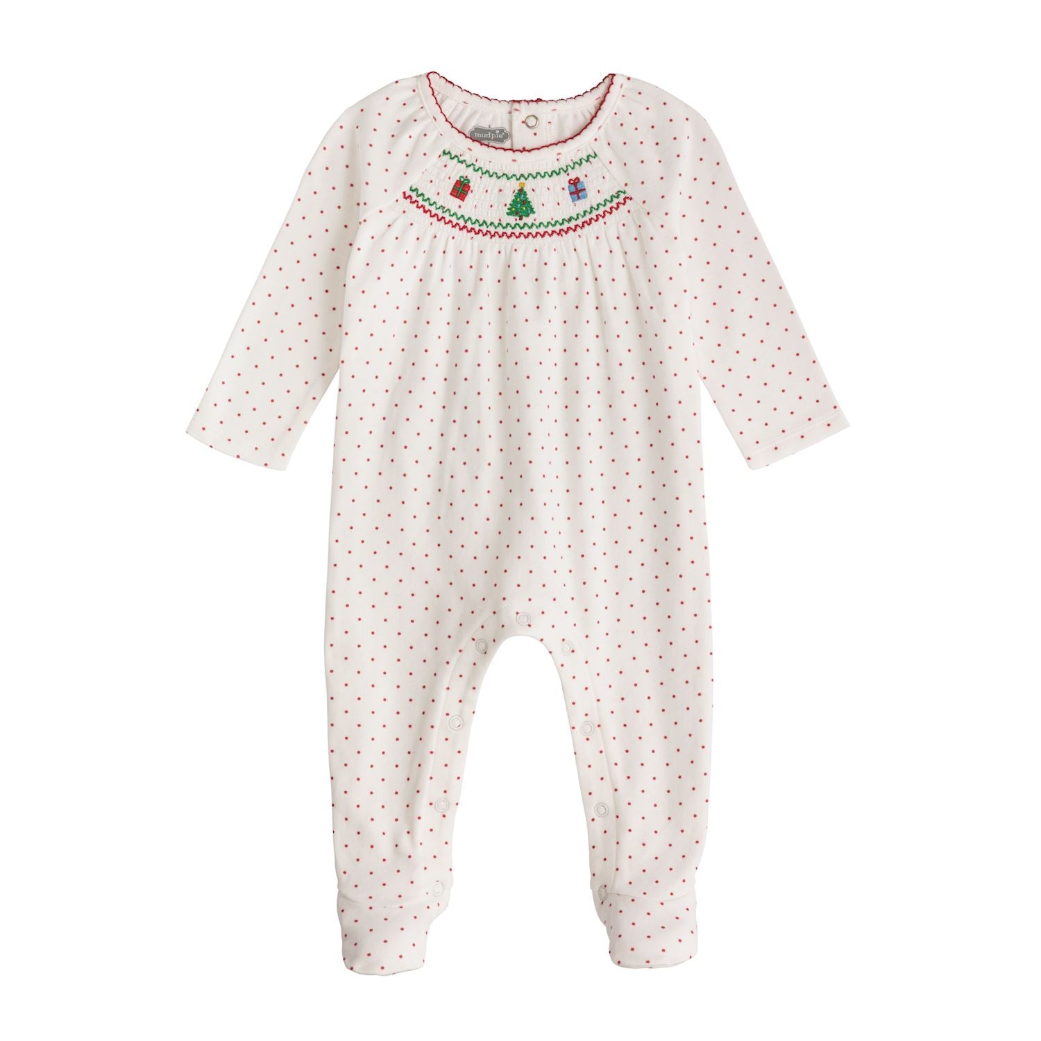 White and red polka dotted zipper footie with smocked neckline with a Christmas tree and gifts.
