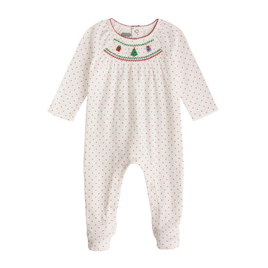 White and red polka dotted zipper footie with smocked neckline with a Christmas tree and gifts.