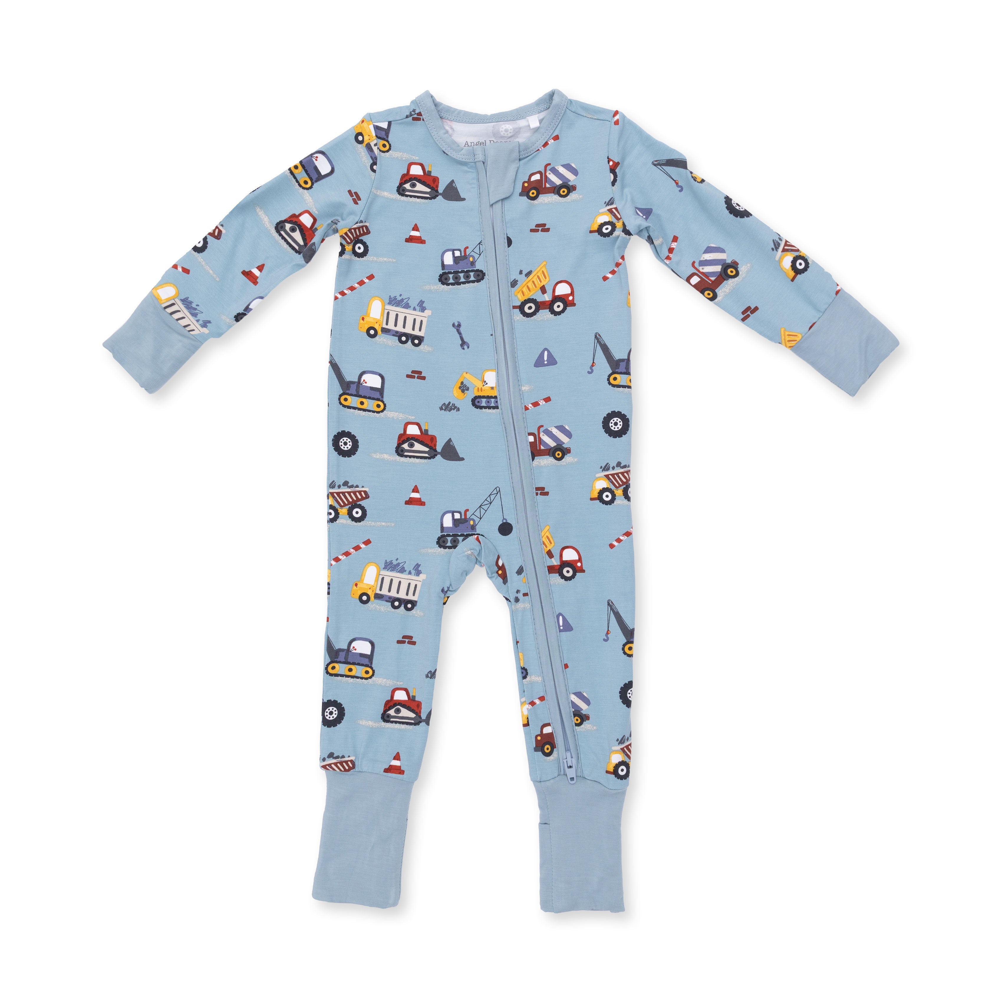 Blue baby romper with construction vehicle pattern on a white background