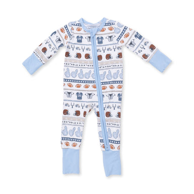 Baby onesie with a pattern of football gear on a white background