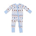 Baby onesie with a pattern of football gear on a white background