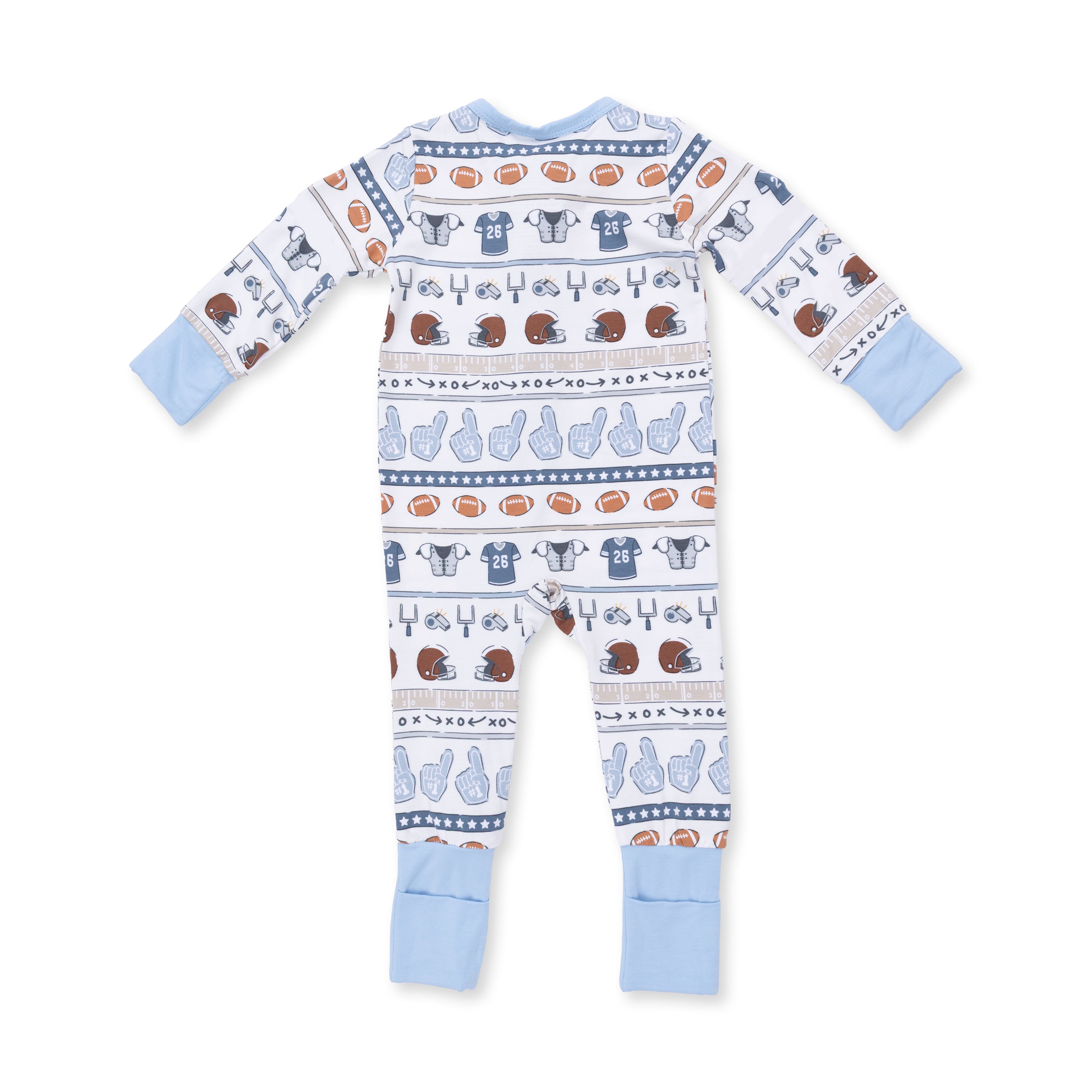 Baby onesie with football pattern on a white background