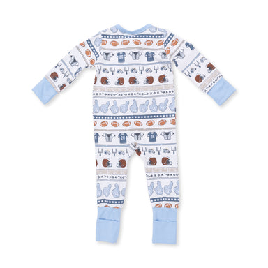 Baby onesie with football pattern on a white background
