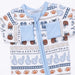 Children's romper with sports-themed pattern on a white background