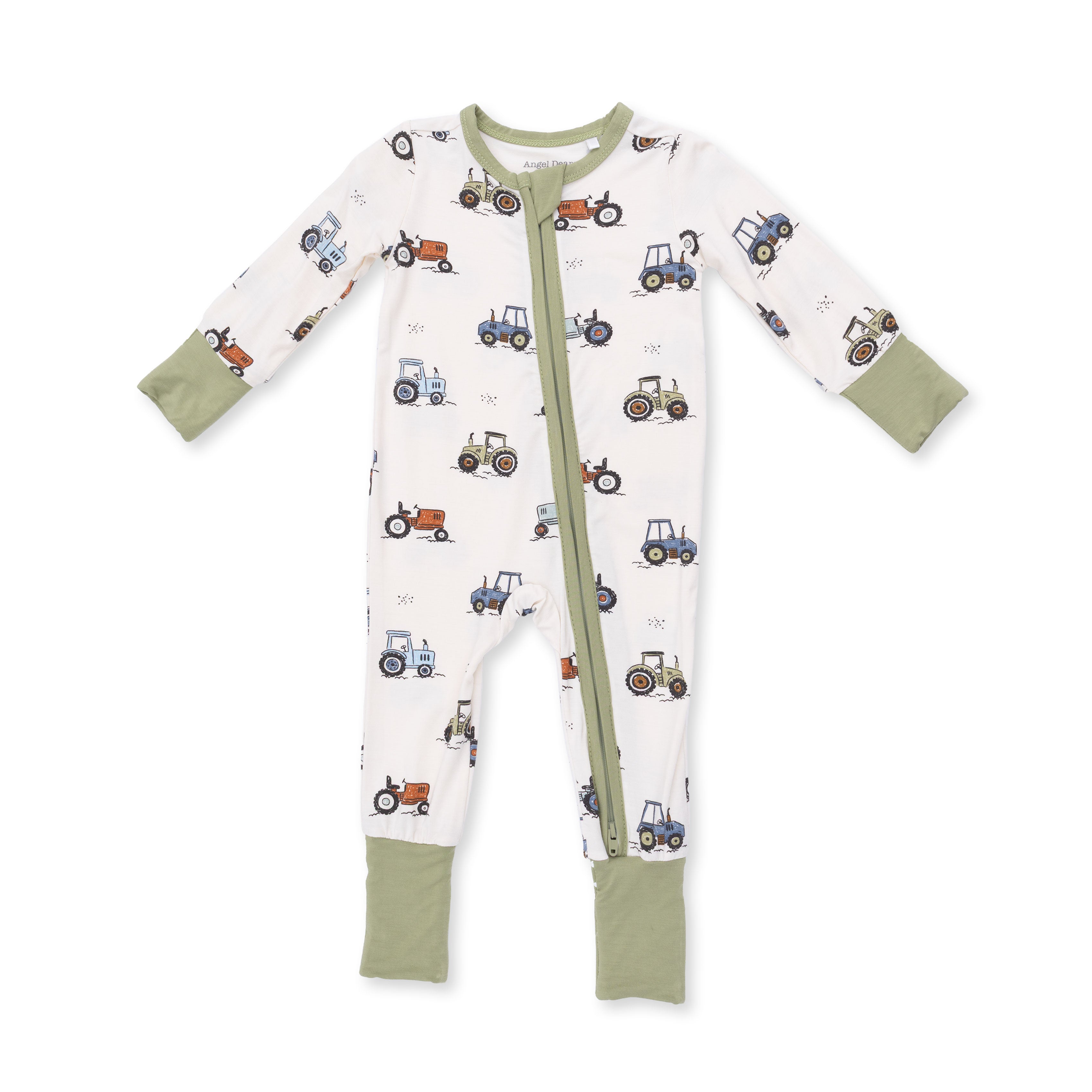 Baby onesie with tractor pattern on a white background