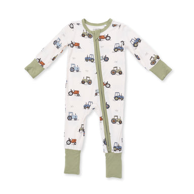 Baby onesie with tractor pattern on a white background