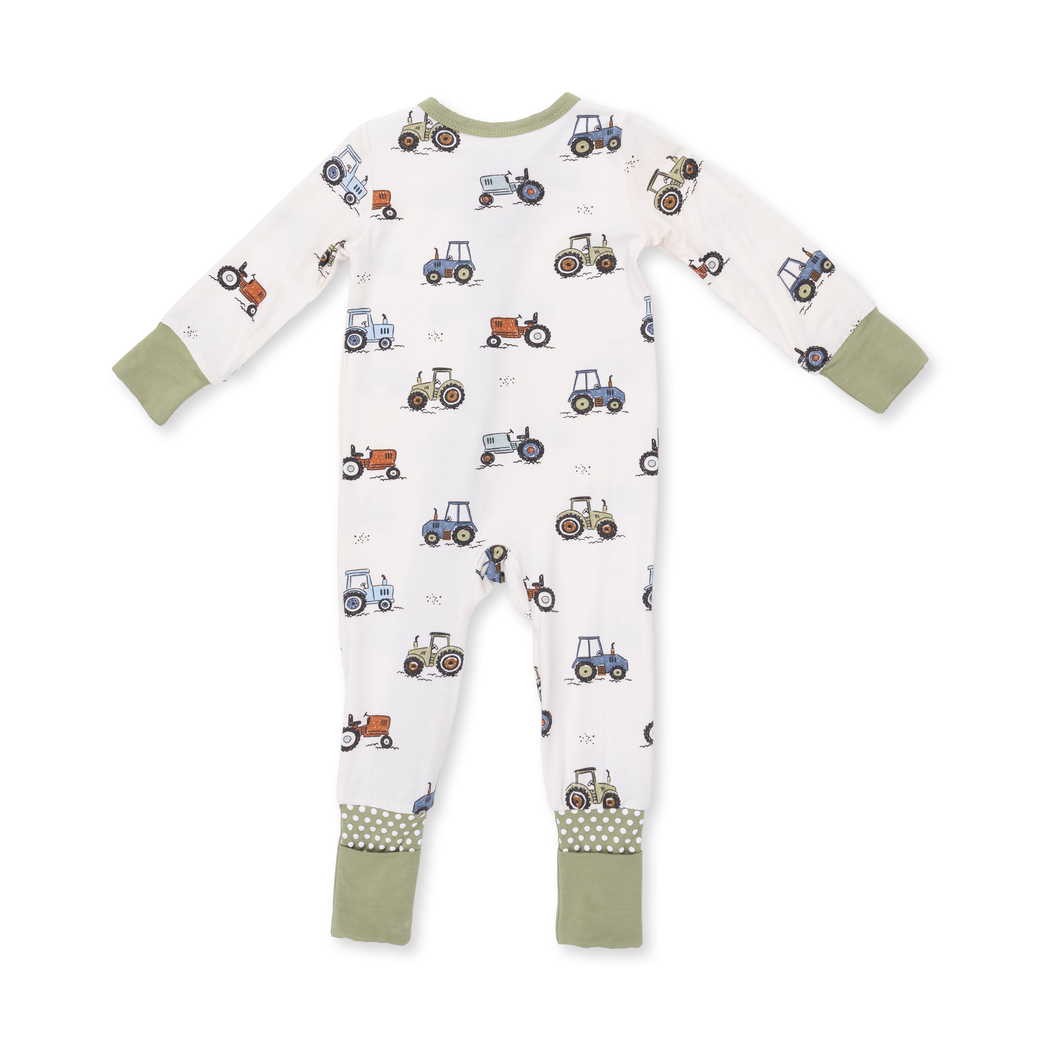 Baby onesie with tractor pattern on a white background