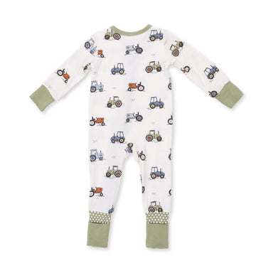 Baby onesie with tractor pattern on a white background