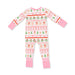 A baby long-sleeve footed pajama romper with a festive Christmas fair isle pattern on a white background, featuring pink cuffs and hem, and red, green, and orange holiday motifs.