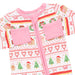 A baby zip-up sleeper with a festive Christmas holiday print, featuring gingerbread men, trees, candy canes, and hearts on a white background with pink trim and pockets.