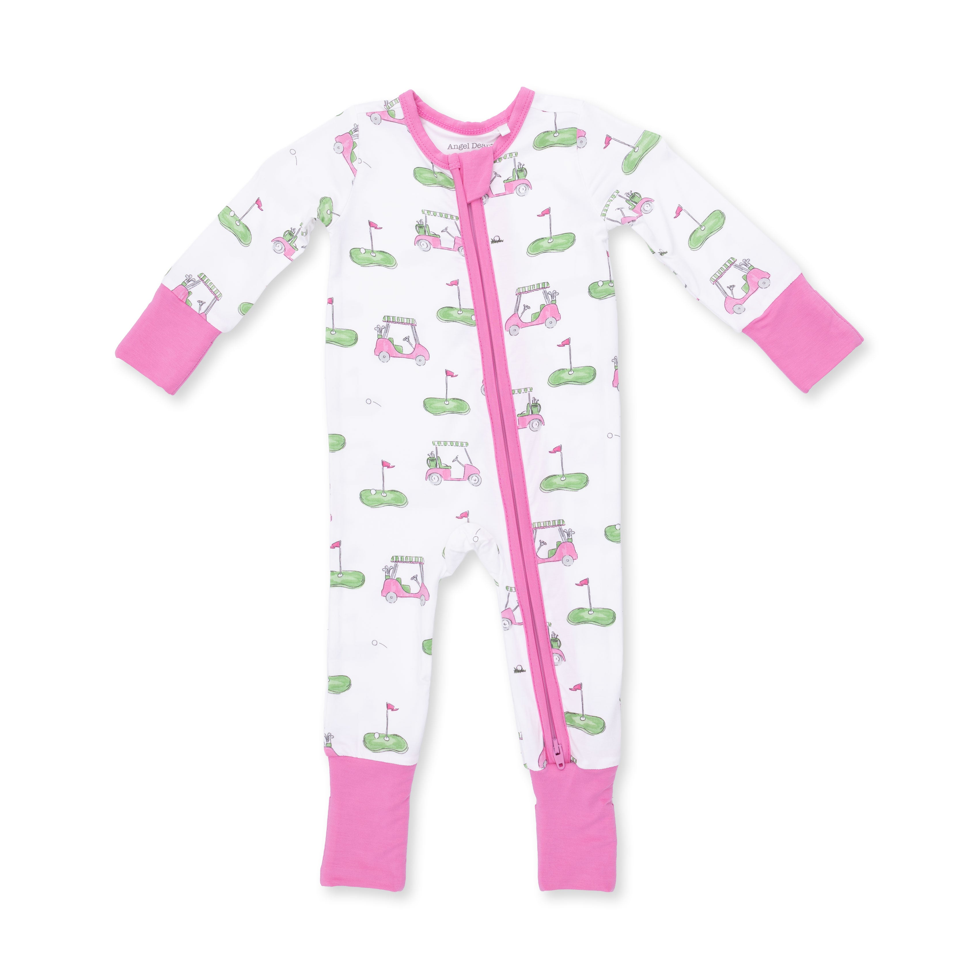 Baby onesie with golf-themed print and pink accents on a white background