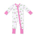Baby onesie with golf-themed print and pink accents on a white background