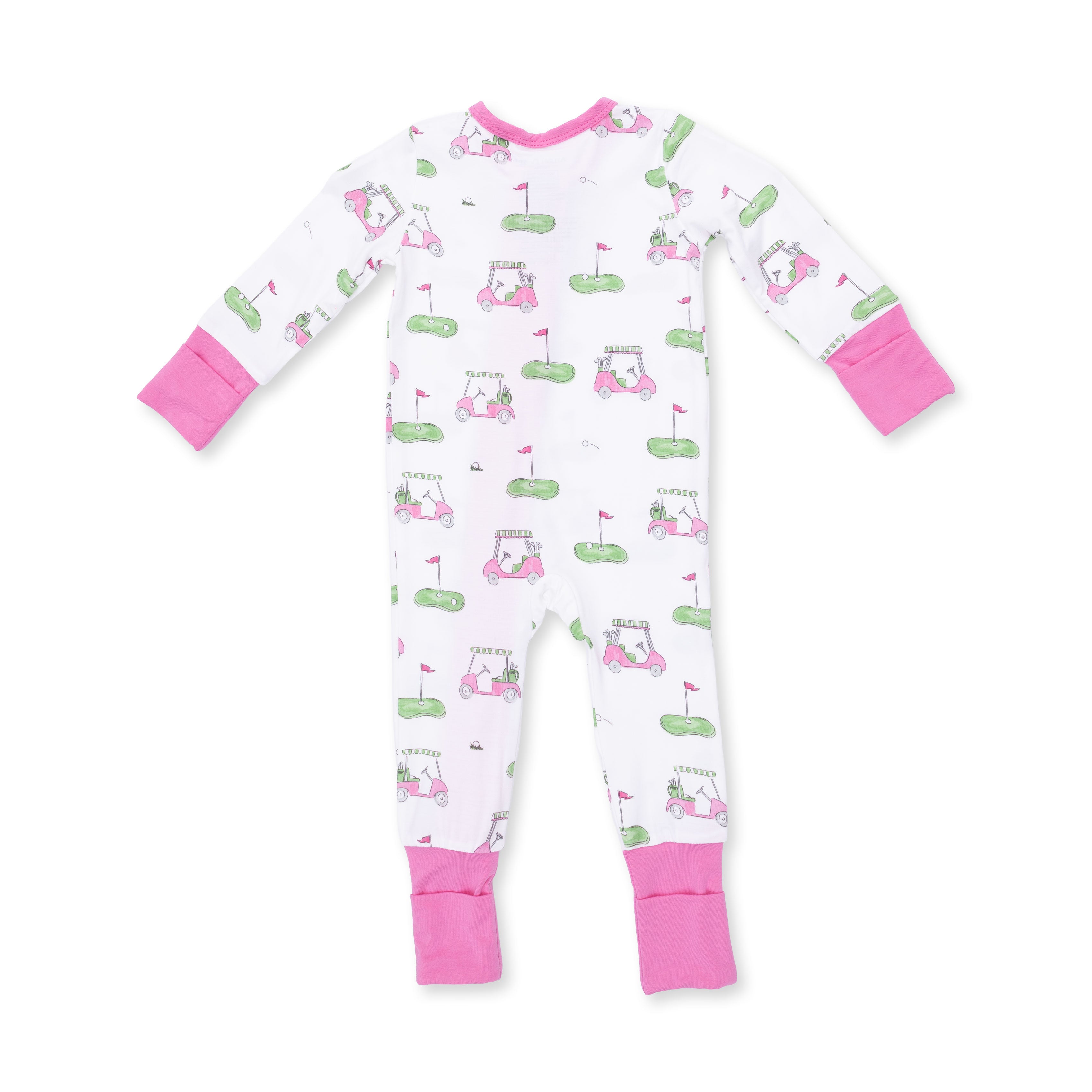 Baby onesie with golf-themed print on a white background