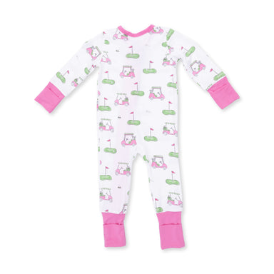 Baby onesie with golf-themed print on a white background