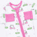 Pink baby romper with matching pants on a white background with golf cart pattern