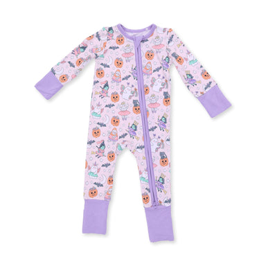 Baby onesie with purple trim and Halloween-themed print on a white background
