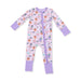 Baby onesie with purple trim and Halloween-themed print on a white background