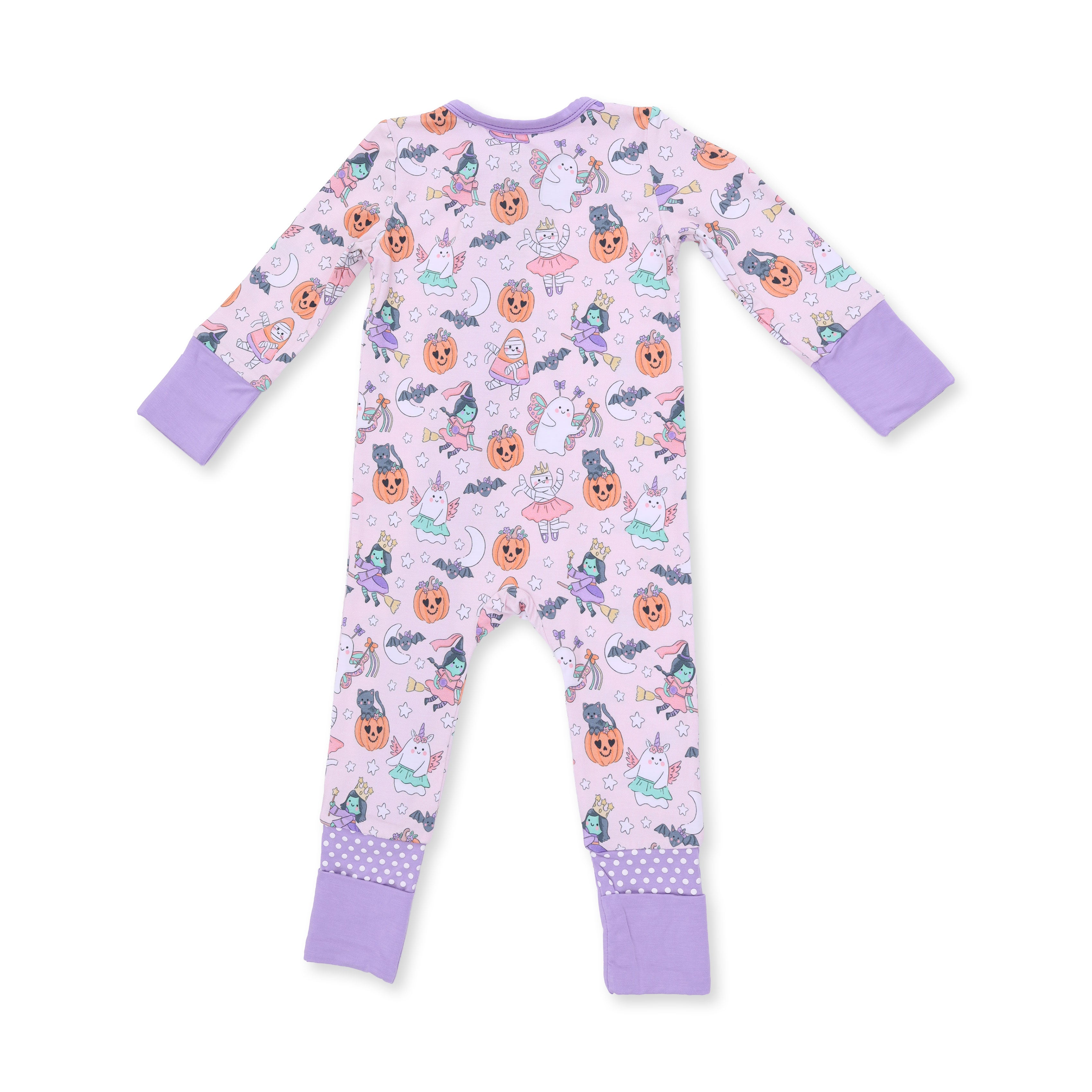 Children's onesie with Halloween-themed pattern on a white background