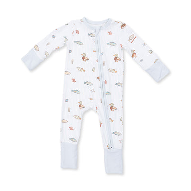 Baby onesie with fish and duck pattern on a white background