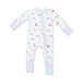 Baby onesie with fish and duck pattern on a white background