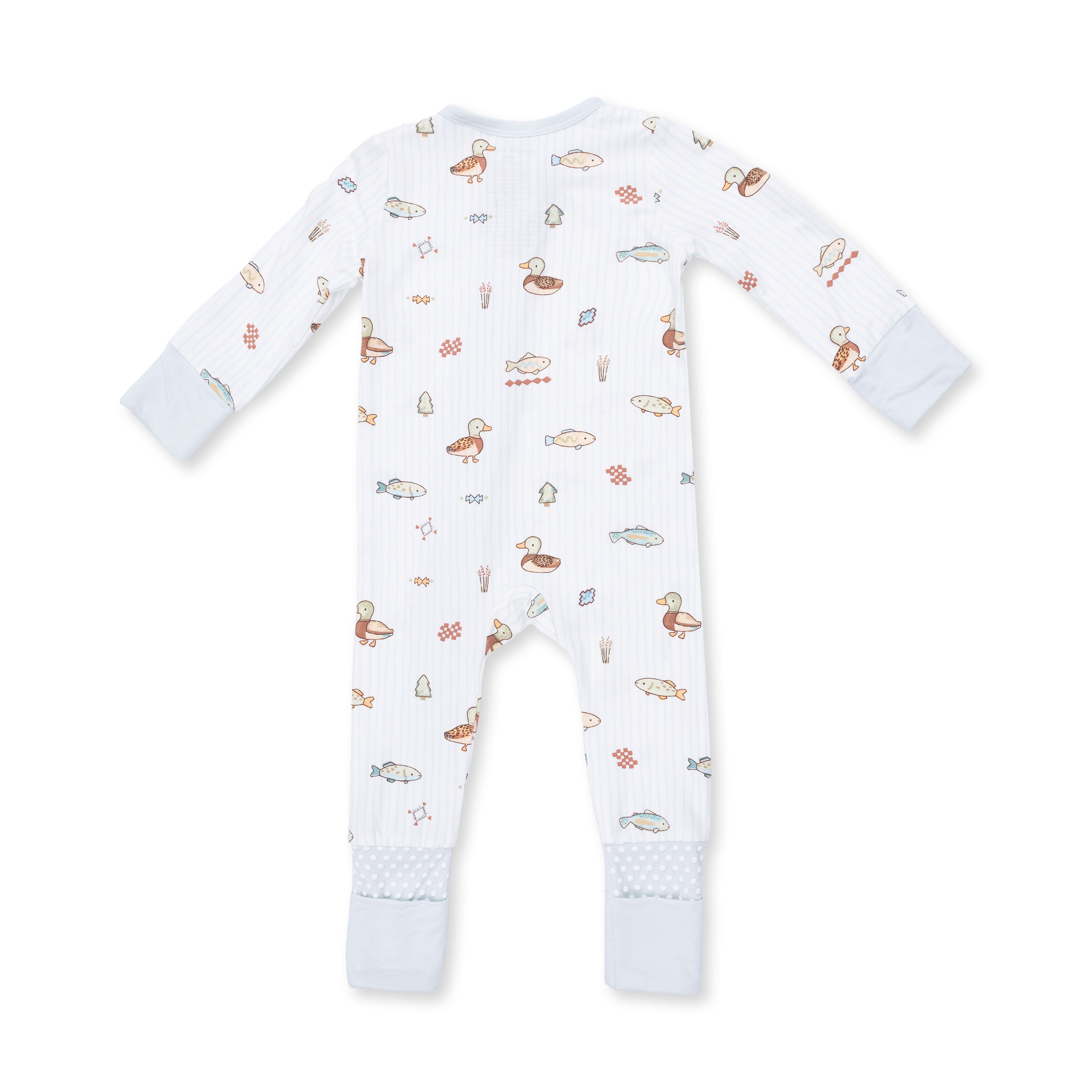 Baby onesie with fish and duck pattern on a white background