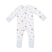 Baby onesie with fish and duck pattern on a white background