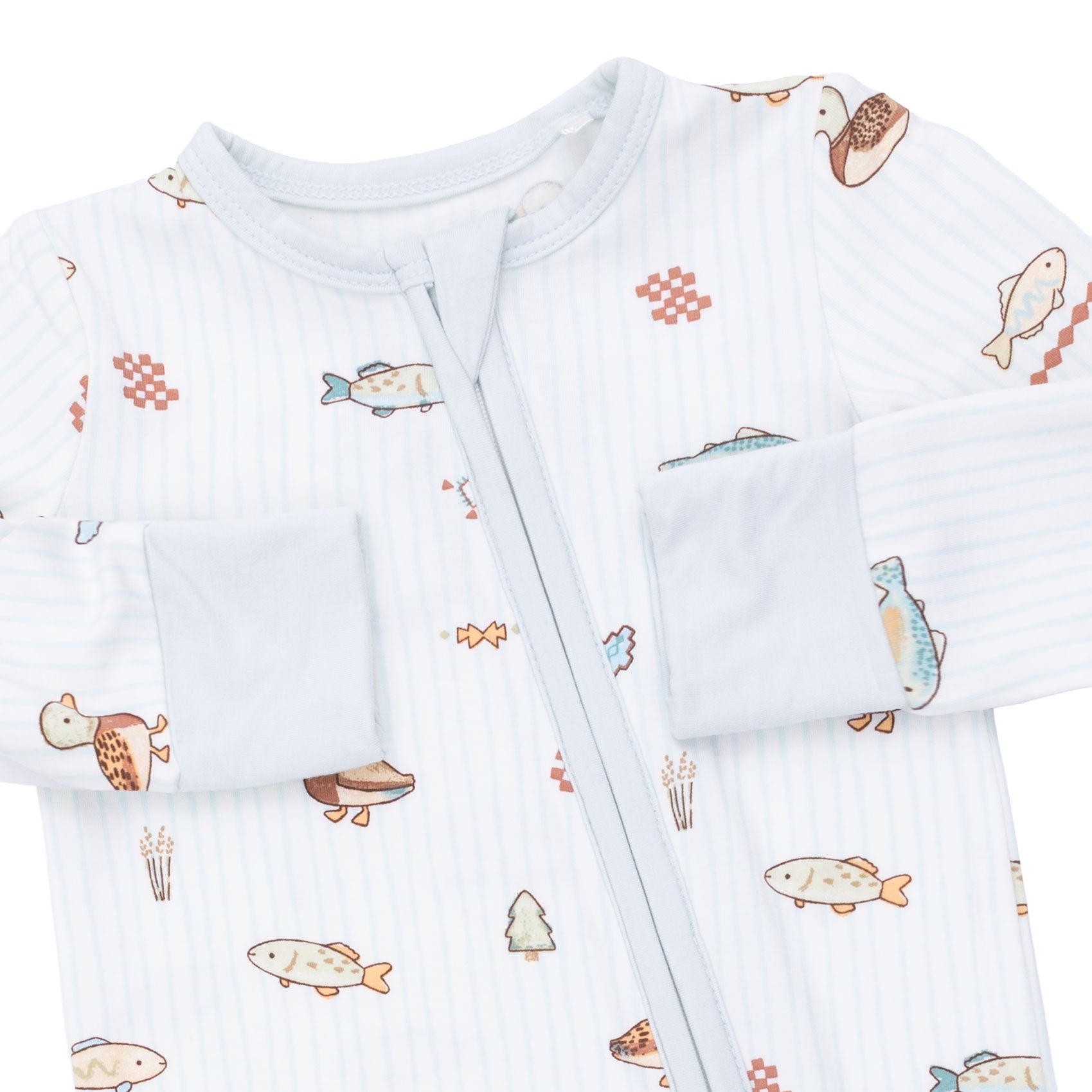 Baby outfit with fish and duck pattern on a white background