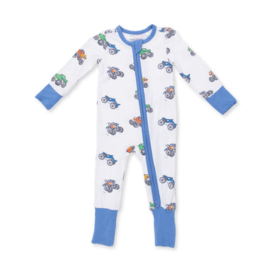 Children's onesie with monster truck pattern on a white background