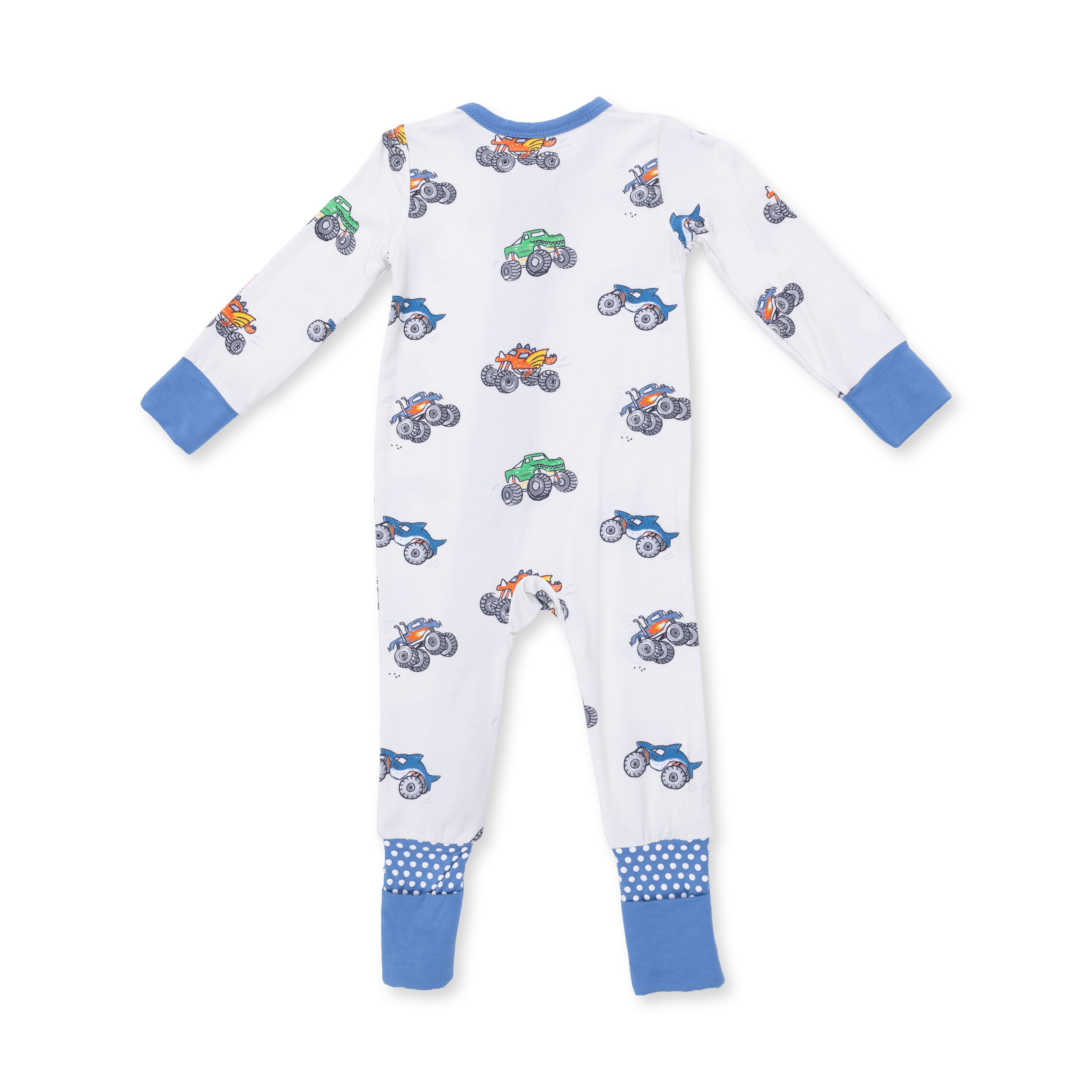 White baby onesie with blue accents and monster truck pattern on a white background